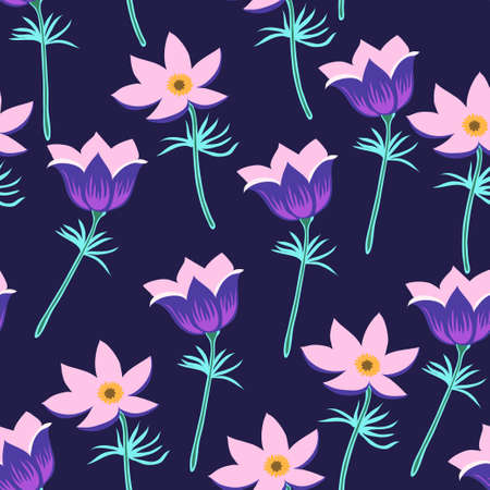 Floral seamless pattern with pulsatilla flowers. Vector illustrationのイラスト素材