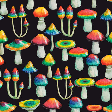 Seamless watercolor pattern with hand painted psychedelic mushrooms. High quality paintingの写真素材