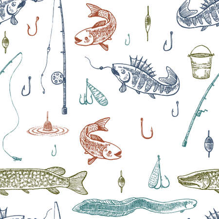 Doodle vector seamless pattern. Fishing illustration. Vector illustrationのイラスト素材