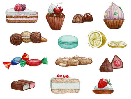 Watercolor set of cupcakes and candy. Tea time . High quality paintingの写真素材