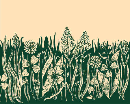 Background with hand drawn meadow herbs. Illustrationのイラスト素材