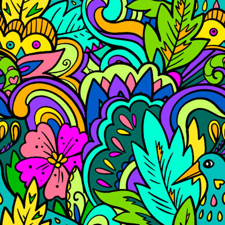 Seamless psychedelic pattern with crazy colorful ornamental elements. Vector illustrationのイラスト素材