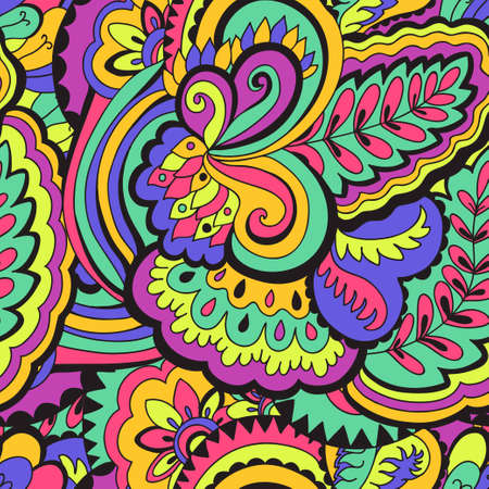 Seamless psychedelic pattern with crazy colorful ornamental elements. Vector illustrationのイラスト素材