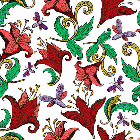 Vintage ink drawn lily flowers and butterflies. Retro decoration elements. Vector illustrationのイラスト素材