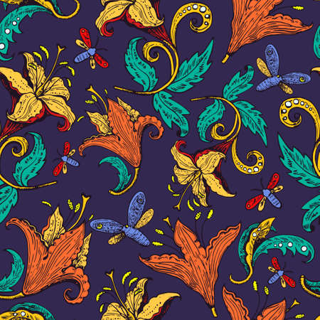 Vintage ink drawn lily flowers and butterflies. Retro decoration elements. Vector illustrationのイラスト素材