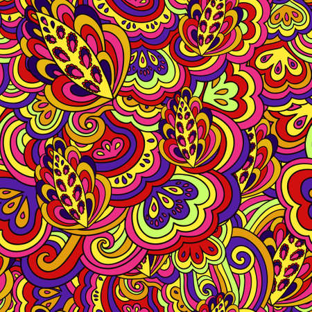 Seamless psychedelic pattern with crazy colorful ornamental elements. Vector illustrationのイラスト素材