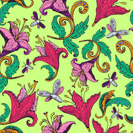 Vintage ink drawn lily flowers and butterflies. Retro decoration elements. Vector illustrationのイラスト素材