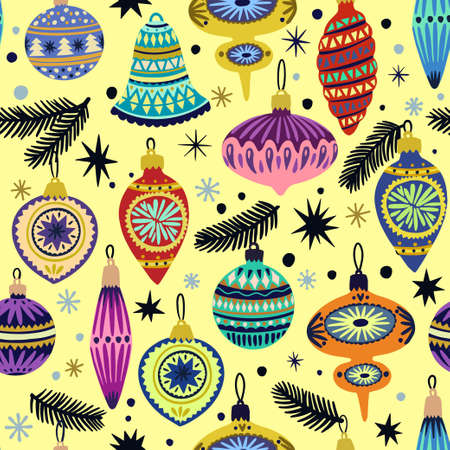 Seamless seamless with cute doodle vintage vector Christmas decorations for fir tree . Vector illustrationのイラスト素材
