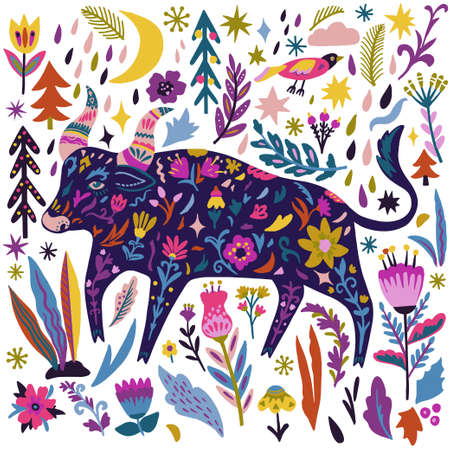 Decorative banner with funny cartoon doodle bull symbol 2021 year, flowers, Christmas trees and other elements . Vector illustrationのイラスト素材