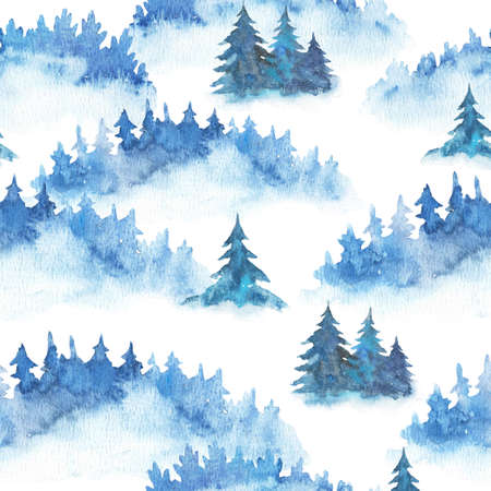 Seamless pattern with watercolor fire trees. Spruces and pines, forest hand painted patternの写真素材
