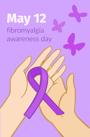 Awareness day of fibromyalgia. Flyer with purple ribbon in hands and butterflies. Vector illustrationのイラスト素材