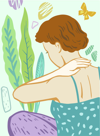 Young women with pain of the neck. Cute doodle vector illustration with pastel colors. Vector illustrationのイラスト素材