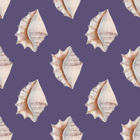 Delicate regular seamless pattern with realistic watercolor sea conchs on pastel background. High quality paintingの写真素材