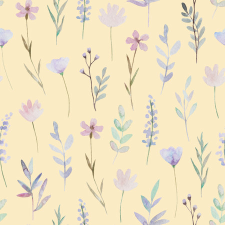 Cute delicate floral pattern with meadow flowers and plants. Watercolor high quality illustration.の写真素材