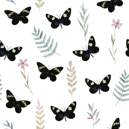 Cute seamless pattern with colorful butterflies and plant elements. Watercolor high quality illustrationの写真素材