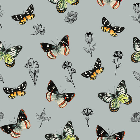 Cute seamless pattern with colorful butterflies and plant elements. Watercolor high quality illustrationの写真素材