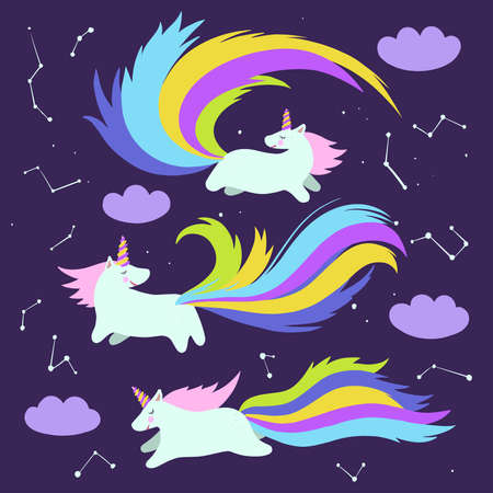 Set of cartoon hand drawn happy unicorns with rainbow tales in the night sky with stars and clouds. Vector illustration.のイラスト素材