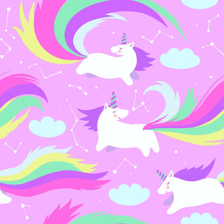 Cute seamless pattern with adorable little unicorns in the pink sky with stars and clouds. Vector illustrationのイラスト素材