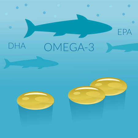 Capsules with omega 3 on blue sea background. Vector illustrationのイラスト素材
