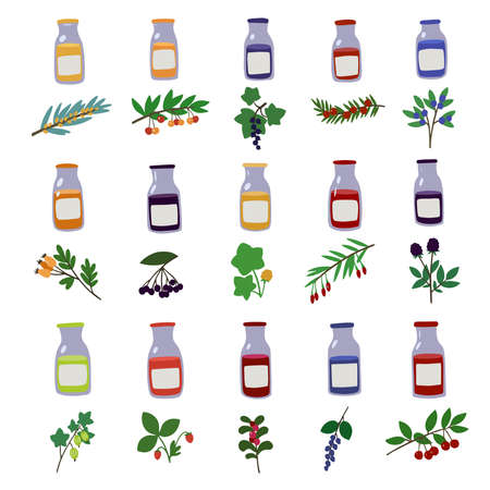 Set with hand drawn doodle branches of berries and juice bottles. Vector illustrationのイラスト素材