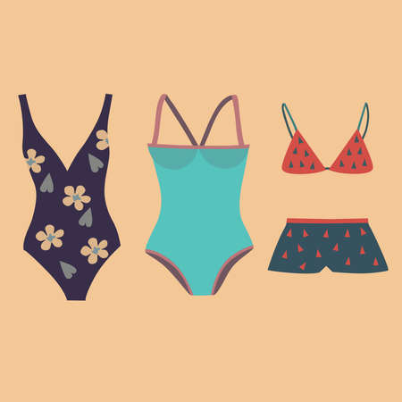 Set of woman swimwear, swimsuits and bikinis. Vector illustrationのイラスト素材
