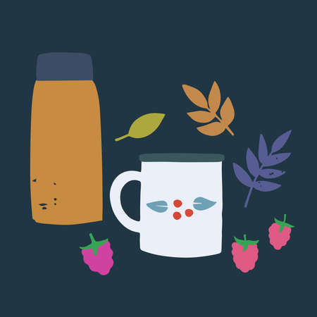 Composition with thermo, camping mug and raspberries. Tea time in nature, picnic lunch. Vector illustrationのイラスト素材