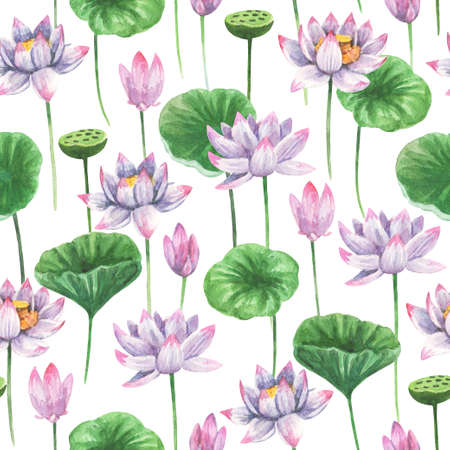 Artistic seamless patterns with watercolor painted lotus flowers and leaves for fabric, accessories and other design use. High quality illustration.の写真素材