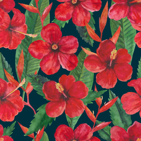Tropical seamless pattern with red hibiscus flowers and leaves. Watercolor high quality illustrationの写真素材