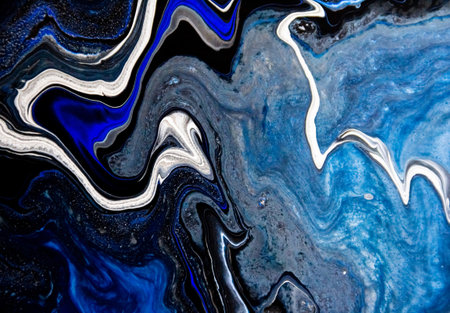 Sea deep inspired abstract marble liquid texture in silver white glitter, indigo, ultramarine and black colors. High quality illustrationの写真素材