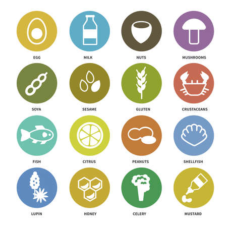 Large set of icons with the main allergens in food. Vector illustrationのイラスト素材