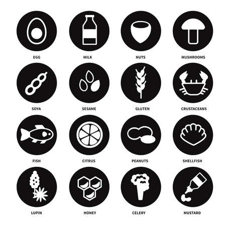Large set of black and white icons with the main allergens in food. Vector illustrationのイラスト素材