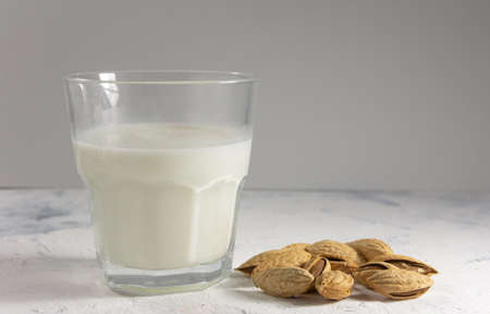 Almond milk in the glass with with almond nuts in a shell. High quality photoの写真素材