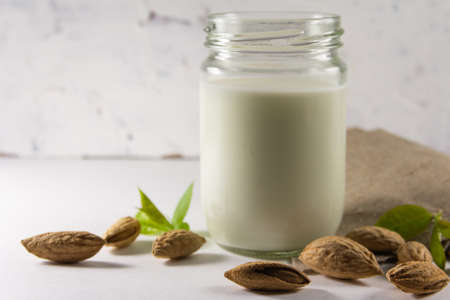 Almond milk in the glass with with almond nuts in a shell. High quality photoの写真素材