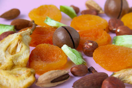 Dried fruits and nuts, apricot, almond, hazelnut, pear, prune and macadamia. High quality photoの写真素材