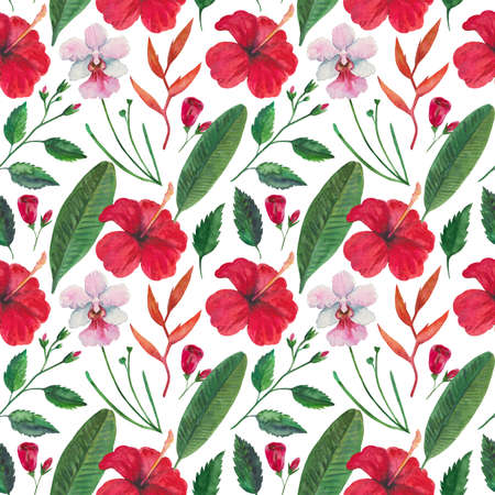 Tropical seamless pattern with red hibiscus flowers, orchids and leaves. Watercolor high quality illustrationの写真素材