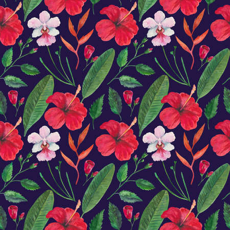 Tropical seamless pattern with red hibiscus flowers, orchids and leaves. Watercolor high quality illustrationの写真素材