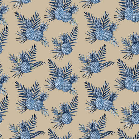 Watercolor seamless pattern with pineapples and tropical leaves. High quality illustration.の写真素材