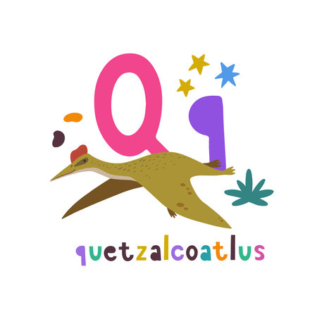 Quetzalcoatlus. Cute cartoon hand drawn illustration with dinosaur and Q letter. Vector illustrationのイラスト素材