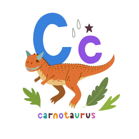 Carnotaurus. Cute cartoon hand drawn illustration with dinosaur and C letter. Vector illustrationのイラスト素材
