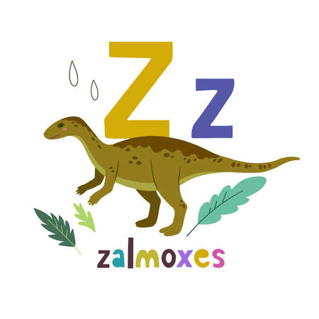 Zalmoxes. Cute cartoon hand drawn illustration with dinosaur and Z letter. Vector illustrationのイラスト素材