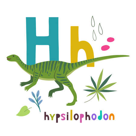 Hypsilophodon. Cute cartoon hand drawn illustration with dinosaur and H letter. Vector illustrationのイラスト素材