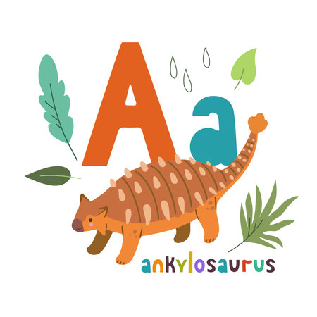 Ankylosaurus. Cute cartoon hand drawn illustration with dinosaur and A letter. Vector illustrationのイラスト素材