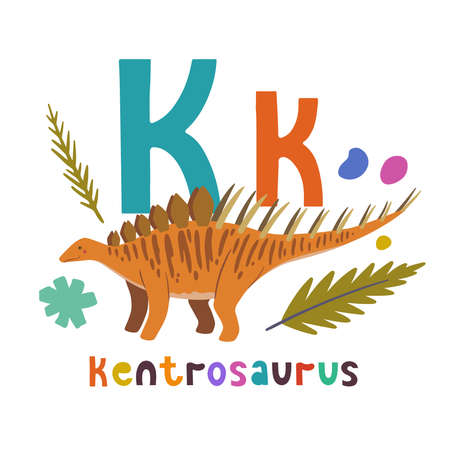 Kentrosaurus. Cute cartoon hand drawn illustration with dinosaur and K letter. Vector illustrationのイラスト素材