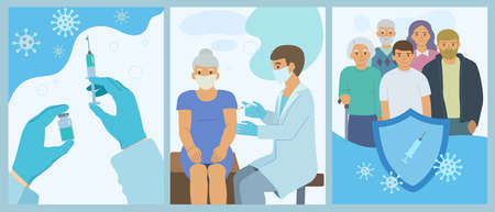 Syringe with vaccine in hand. An elderly woman is vaccinated by a doctor. Family from different generations protected from the virus.のイラスト素材