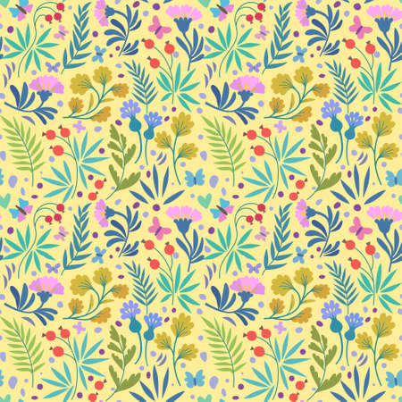 Vector seamless patterns with cute beautiful flowers, butterflies and leaves in minimalistic trendy doodle style. Vector illustrationのイラスト素材