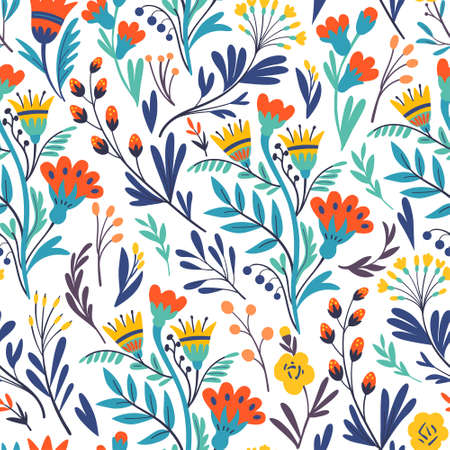 Vector floral pattern in minimalistic style with cute simple stylized abstract flowers. Vector illustrationのイラスト素材