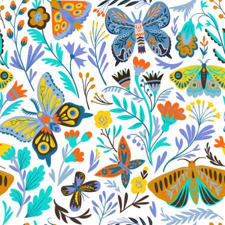 Elegant seamless pattern with decorative abstract flowers, butterflies and moths in doodle simple style. Hand drawn vector illustration. Vector illustrationのイラスト素材