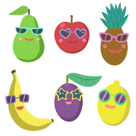 Set of joy cartoon fruits characters in sunglasses isolated on white background. Vector illustration.のイラスト素材