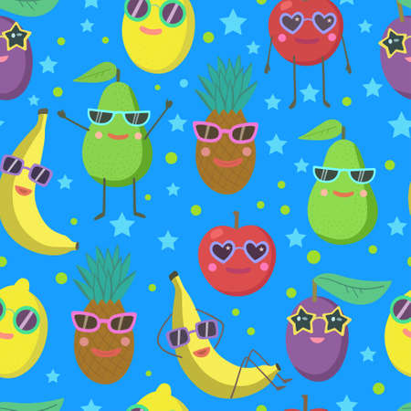 Cute seamless pattern with cartoon fruits characters in sunglasses, avocado, banana, pineapple,...