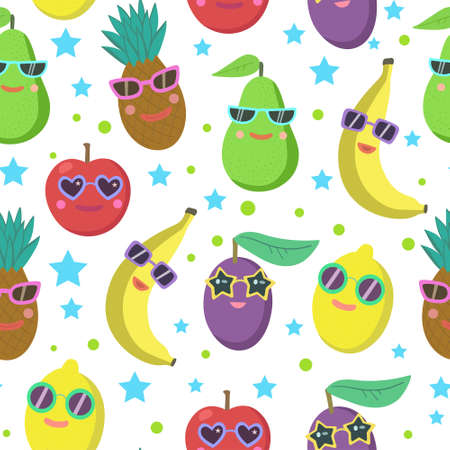 Cute seamless pattern with cartoon fruits characters in sunglasses, avocado, banana, pineapple, lemon and apple. Vector illustrationのイラスト素材